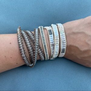 2 Leather Wrap Beaded Crystal Bracelets Brown White Tan Clear